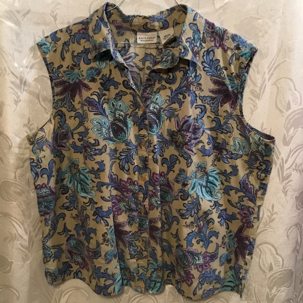White Stag Sleeveless Button Up Blue and Tan Top